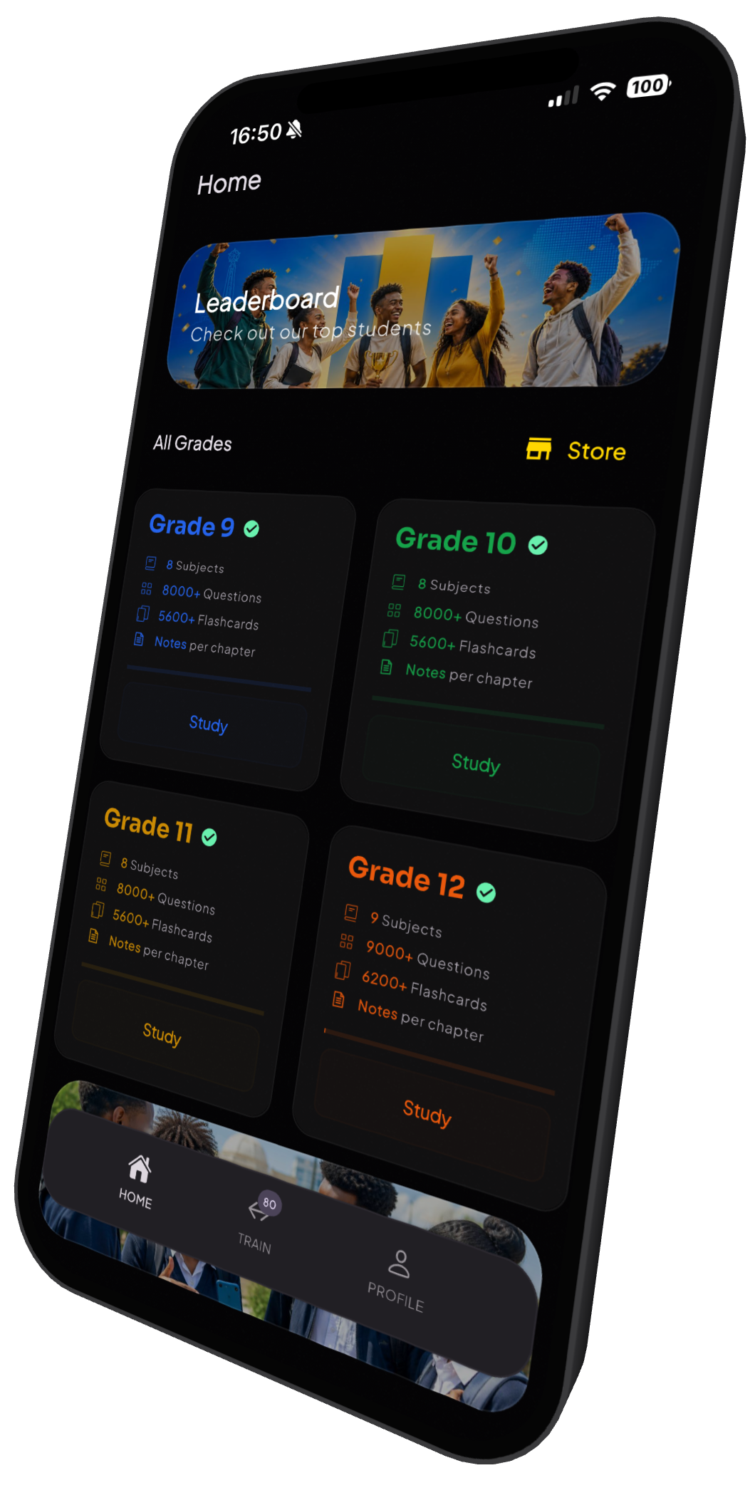 Tinat AI home screen on a phone with a leaderboard and study cards for Grades 9 to 12